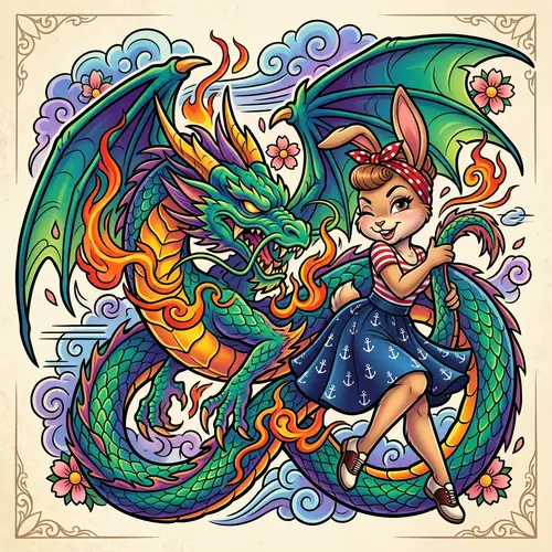 Vibrant Dragon & Bunny Pinup Tattoo Design