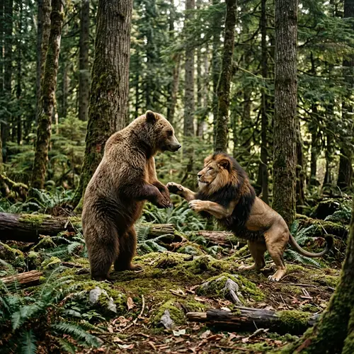 Grizzly Bear vs. African Lion: Playful Tussle in Forest