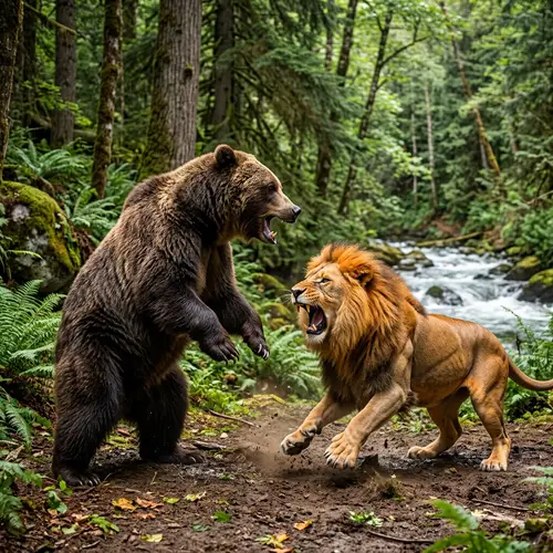 Bear vs Lion: Epic Battle in Lush Forest