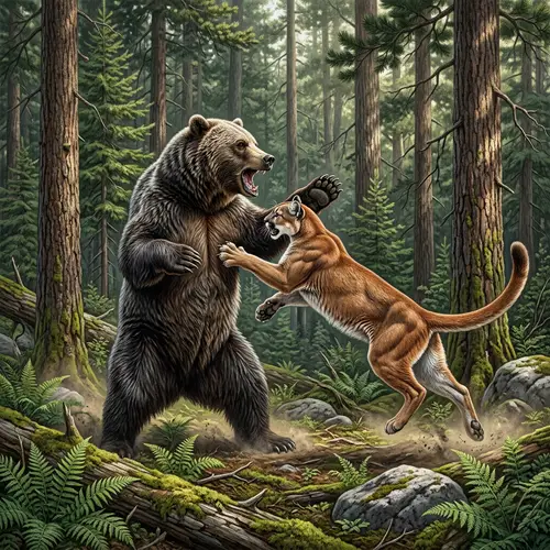 Grizzly Bear vs Mountain Lion: Wildlife Encounter in Dense Forest