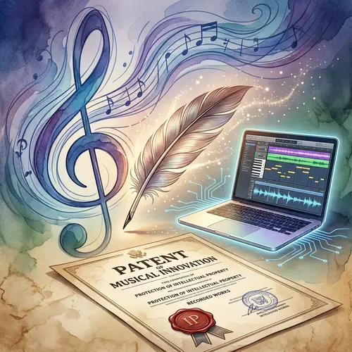 Abstract Treble Clef with Feather, Computer & Patent Document