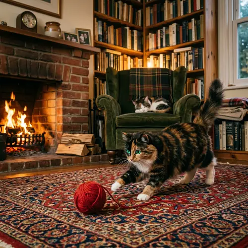 Calico Domestic Cat Playing with Yarn in Cozy Room