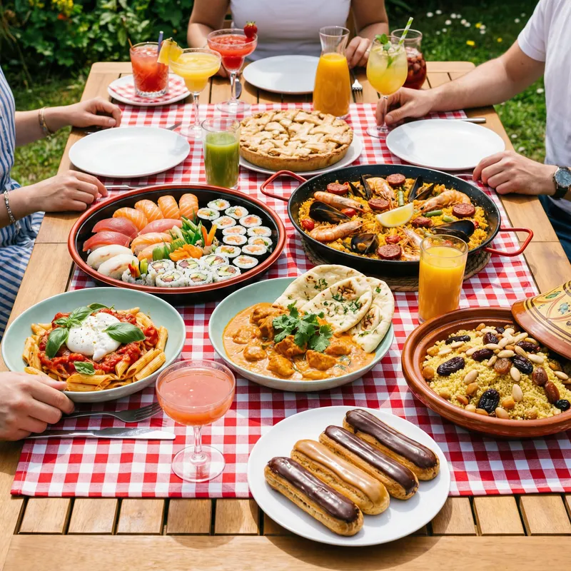 Global Gastronomy Feast: Sushi, Pasta, Paella, Curry & More