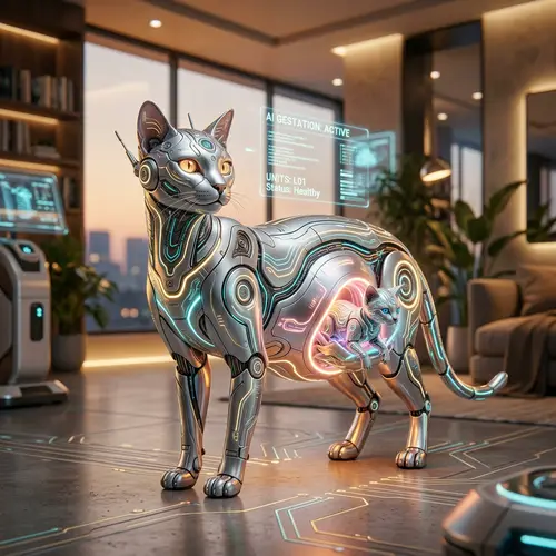 Pregnant AI Cat: Robotic Birth Imagery