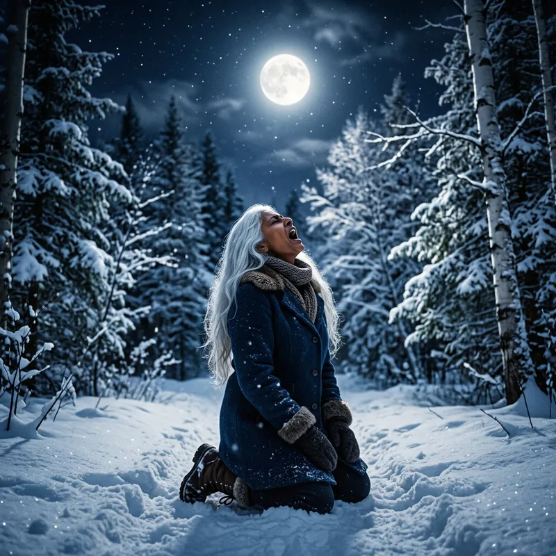 Serene White-Haired Woman Howling at Moon in Winter Forest