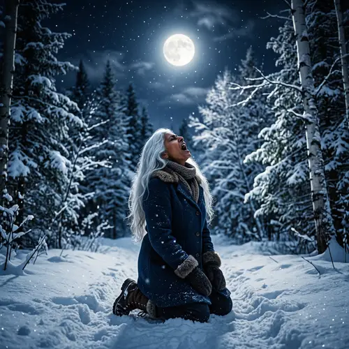 South Asian Woman in Winter Forest Howling at Moon