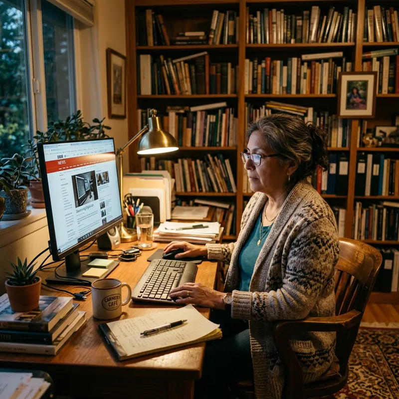 Hispanic Woman Using Internet in Home Office Setting