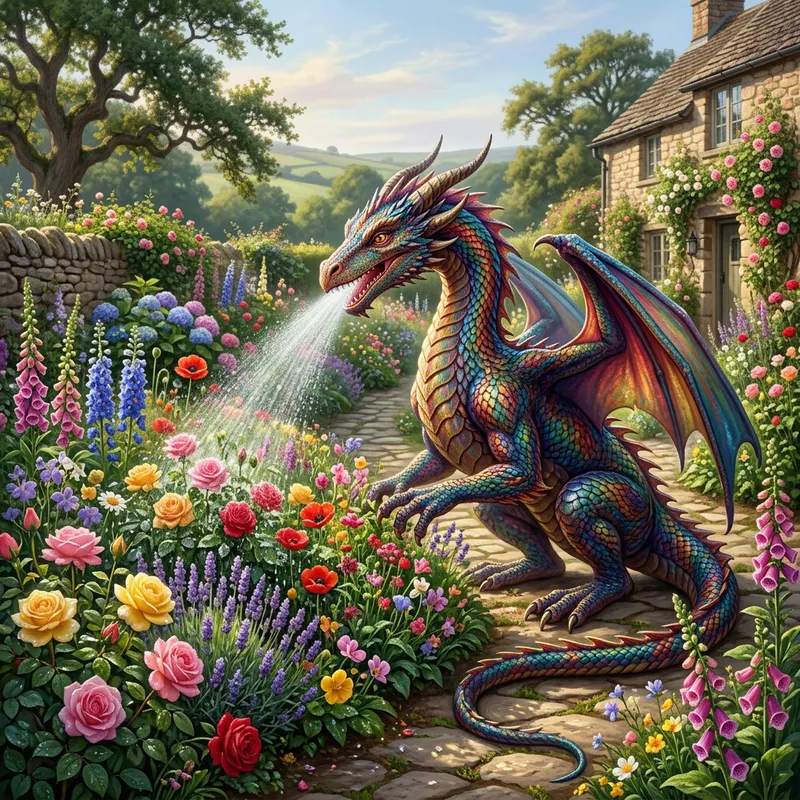 Dragon Watering Flowers in Majestic Garden