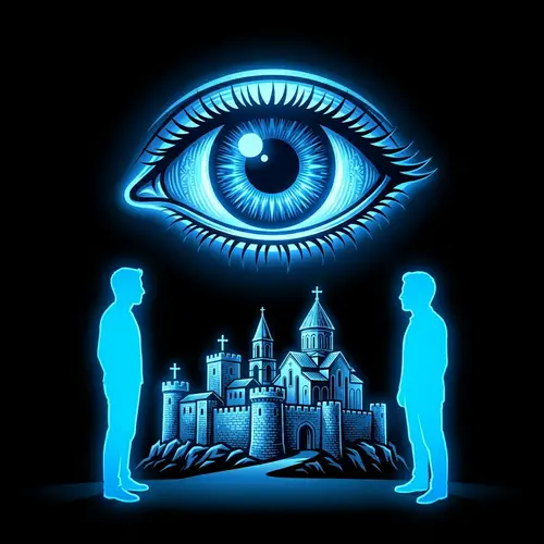 Eye Graphic Design with Silhouettes and Monastery