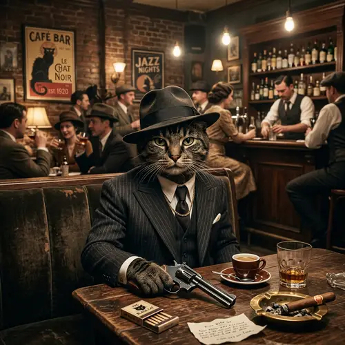 Gangster Cat in Cafe Bar with Gun