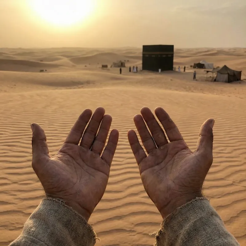 Open Hands in Desert Facing Kaaba: Pre-Islamic Scene