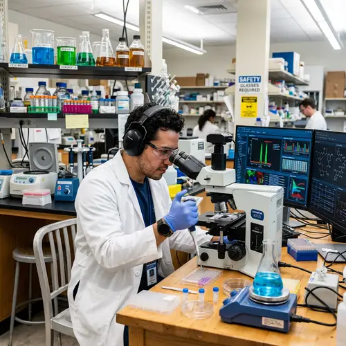 Hispanic Male Scientist in Laboratory with Headphones
