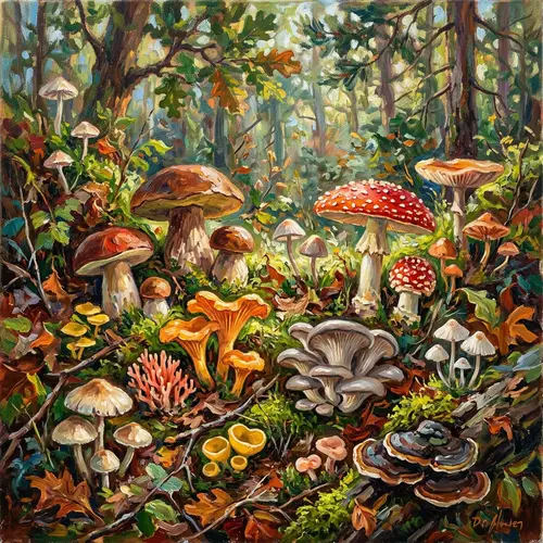 Dynamic Impressionist Oil Painting of Diverse Fungi | Artwork