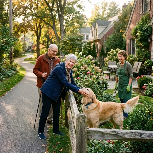 Seniors Enjoying Nature and Pets in Their Neighborhood