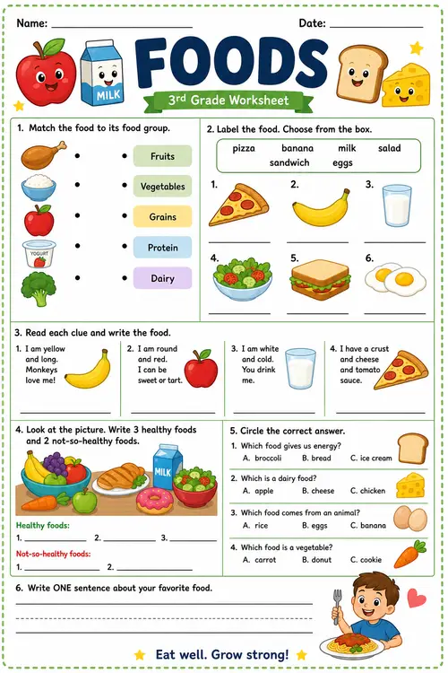 Printable 3rd Grade Foods Worksheet