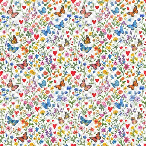 Colorful Flowers & Butterflies with Hearts | Lovely Pattern