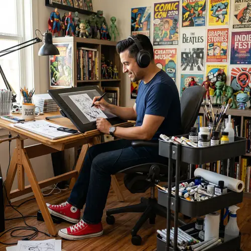 Engaged Hispanic Comic Illustrator Creating Art with Music