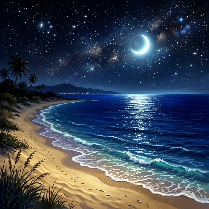 Tranquil Night Seascape with Moonlit Waters | Beach and Starry Sky