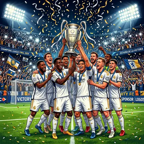 Soccer Team Celebrates Victory with Trophy on Crowded Stadium Pitch