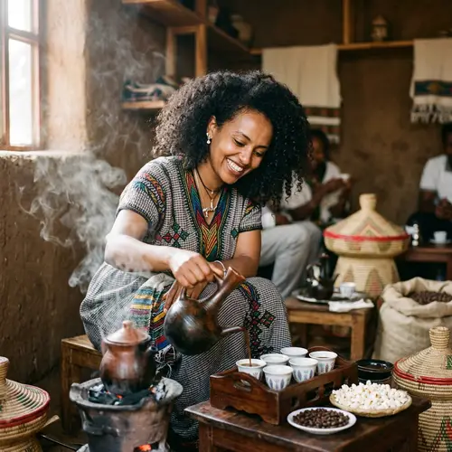 Ethiopian Woman Brewing Coffee: Warm Smile & Aroma