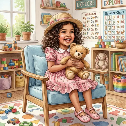 Joyful 6-Year-Old Girl in Playroom Illustration