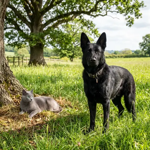 Black German Shepherd and Russian Blue Cat in Verdant Field