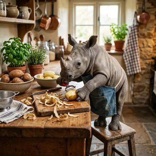 Baby Rhinoceros Peeling Potatoes - Cute Moments
