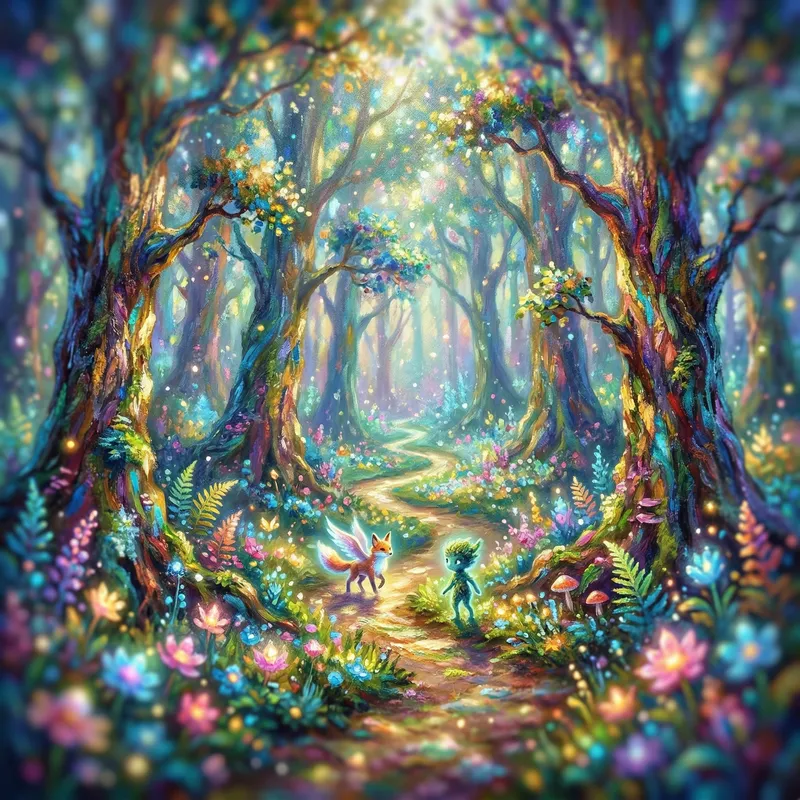 Mystical Forest: Vibrant Impressionism with Whimsical Creatures & Glowing Flowers