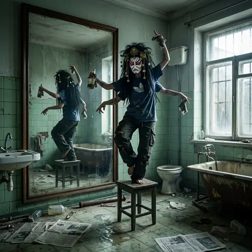 Surreal Anthropomorphized Deity Dance in Eerie Bathroom Scene