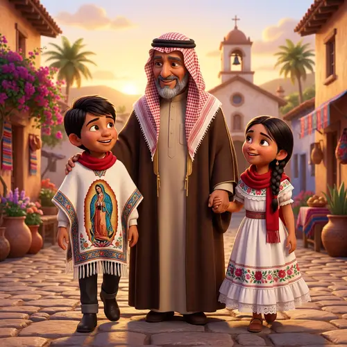 Modern Pixar-style Image of Jesus with Children in Traditional Attire