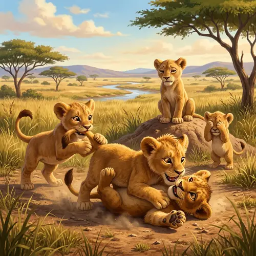 Playful African Lion Cubs Wrestling in Savannah