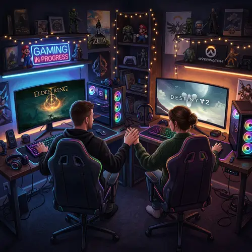 Couple Gaming Together: A Colorful Love Scene