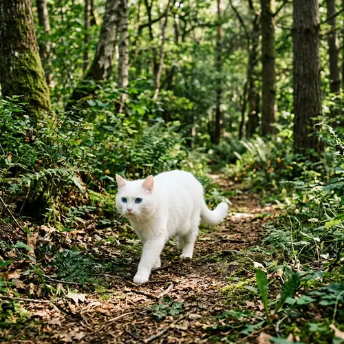 White Cat with Blue Eyes Walking in Forest