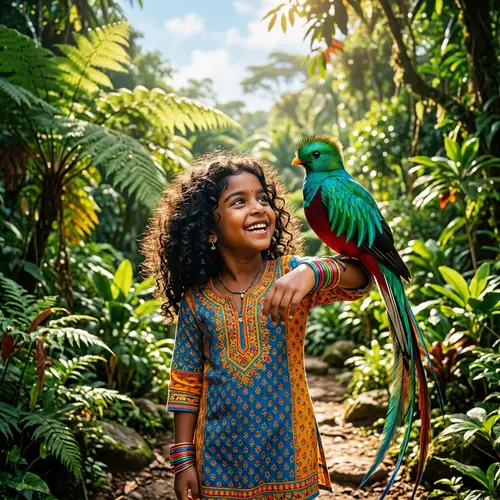Joyful South Asian Girl with Majestic Bird | Nature Connection