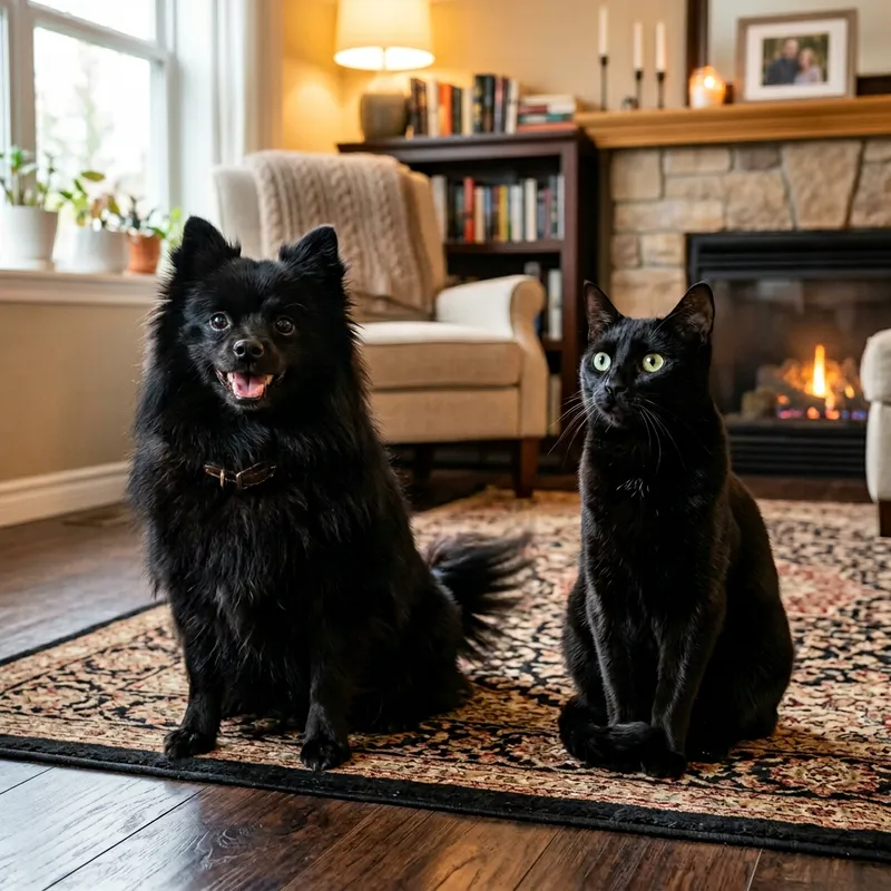 Black Fluffy Dog and Sleek Cat in Cozy Living Room Black Fluffy Dog and Sleek Cat in Cozy Living Room