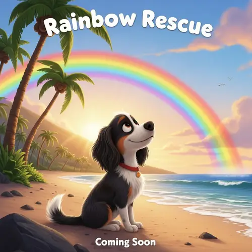 Colorful Pixar Dog on Beach with Rainbow