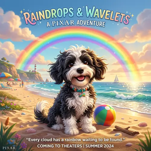 Colorful Pixar Dog on Beach with Rainbow