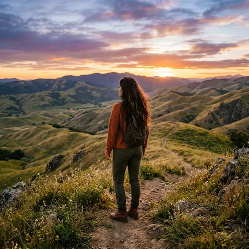 Hispanic Woman in Scenic Landscape with Rolling Hills