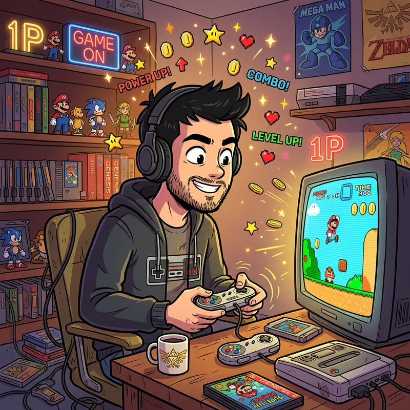 Cartoon Gamer with Headphones Playing Classic Games