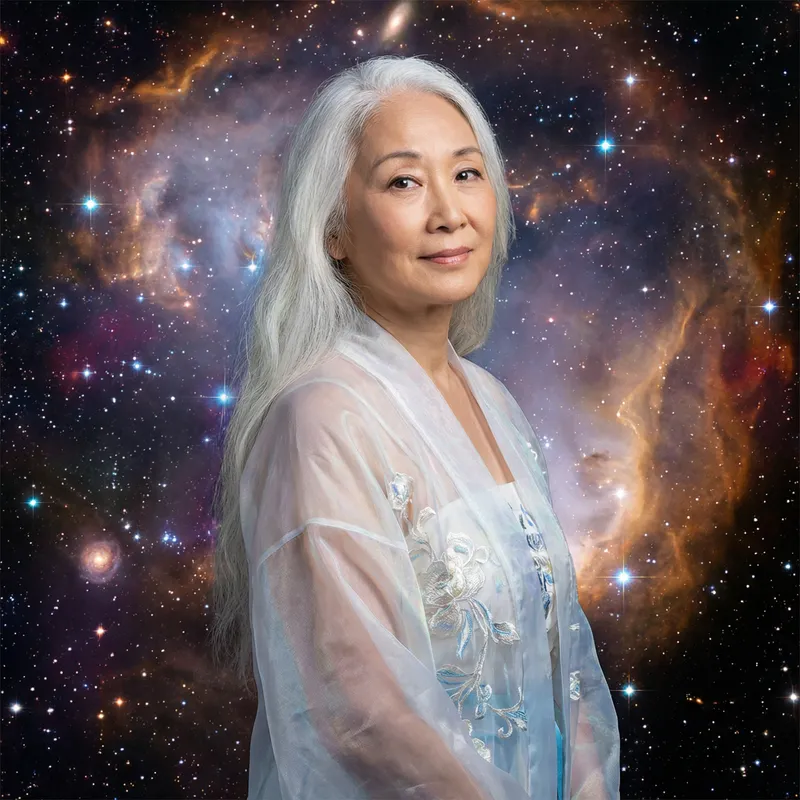 Ethereal Woman with Long White Hair & Cosmic Background
