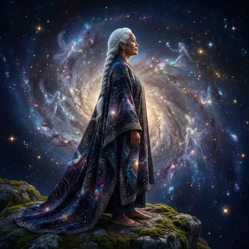 Pacific Islander Woman with Cascading White Hair in Ethereal Attire