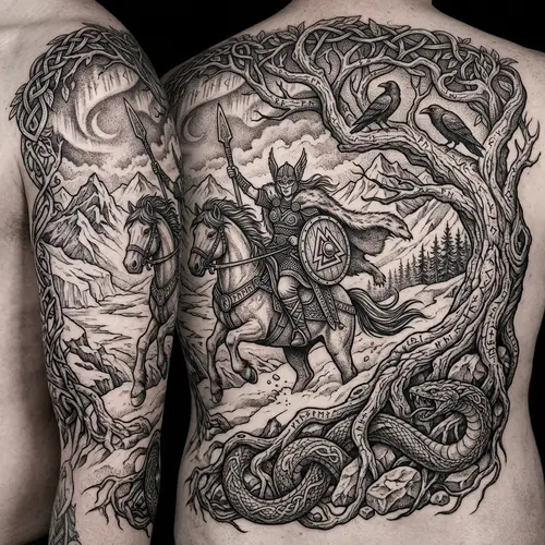 Scandinavian Mythology Tattoo Design Featuring Valkyrie and Yggdrasil