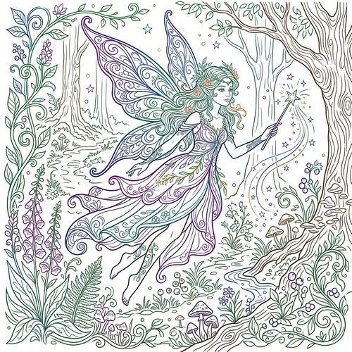 Mystical Fairy Outline Art in Black and White