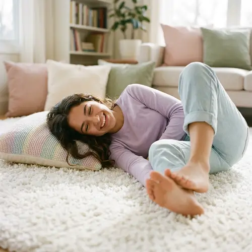 Joyful 18-Year-Old Hispanic Girl Playfully Tickled on White Carpet