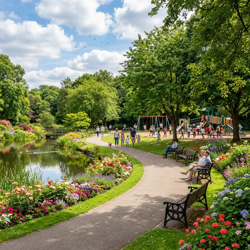 Tranquil Urban Park: Serenity, Greenery & Playful Scene