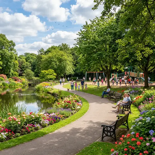 Tranquil City Park: Lush Greenery, Colorful Flowers & Playful Children