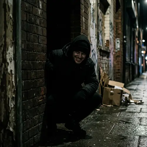 Concealed Murderer Hidden in Shadows Grinning Madly