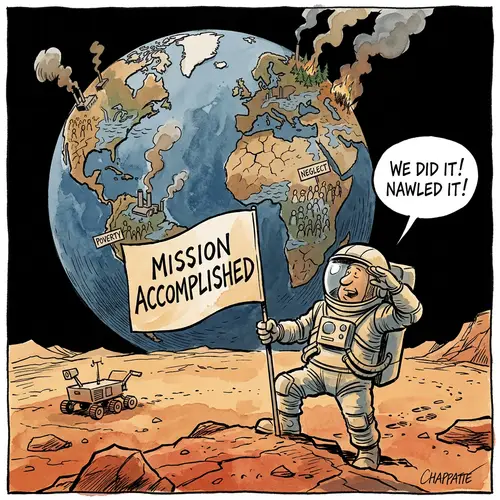 Cartoon Astronaut Plants Flag on Mars - Mission Accomplished