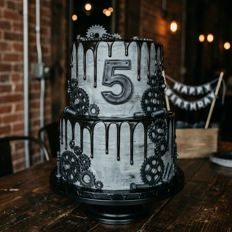 Steel Grey Cake with Black Drip & Gears