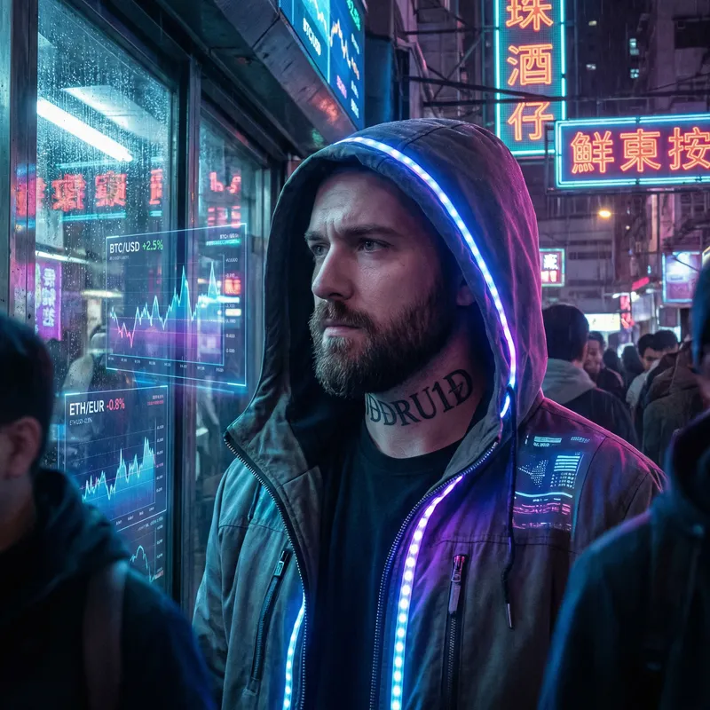 Cryptocurrency Enthusiast: Cyberpunk Bearded Man with DDRU1D Neck Tattoo